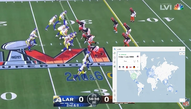 Screenshot of NFL sports stream with NordVPN app over it