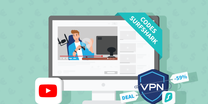 Screen with a YouTube video, a banner with the text Surfshark codes, a VPN shield tied up by a 59% off deal label and the Surfshark logo