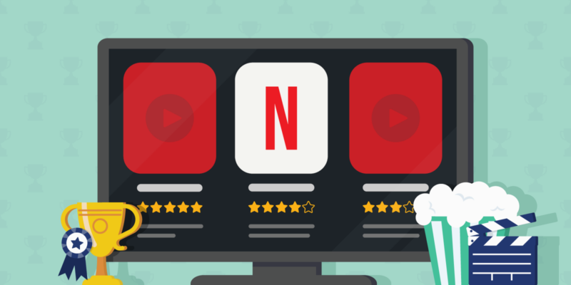 Netflix-like interface on a screen with a trophy and popcorn next to it