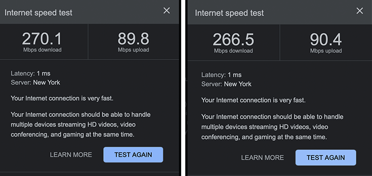 Our performance with NordVPN on Google's internet speed testing tool