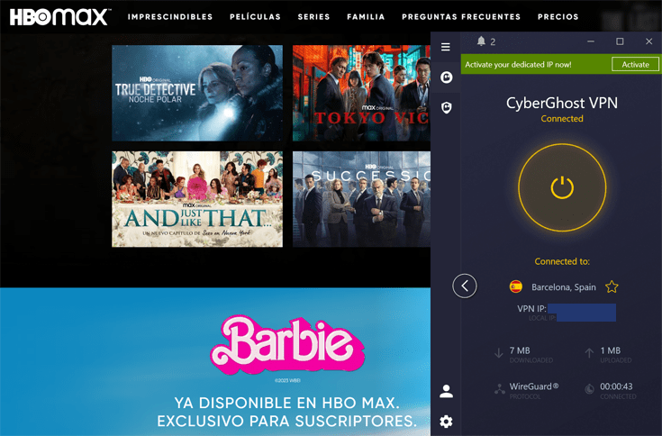 HBO Max in the background with CyberGhost VPN in the foreground.