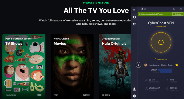 Hulu in the background with CyberGhost VPN in the foreground.