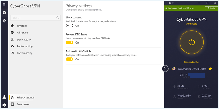 The kill switch feature under CyberGhost VPN's privacy settings.