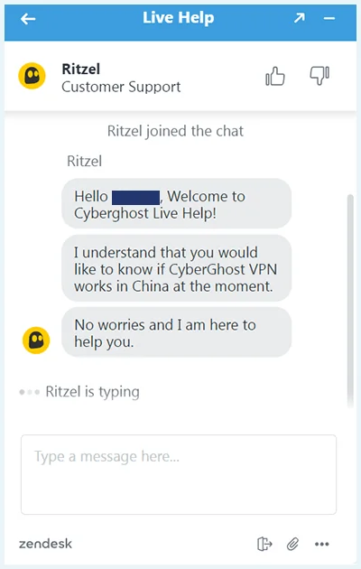 Screenshot of CyberGhost, live chat