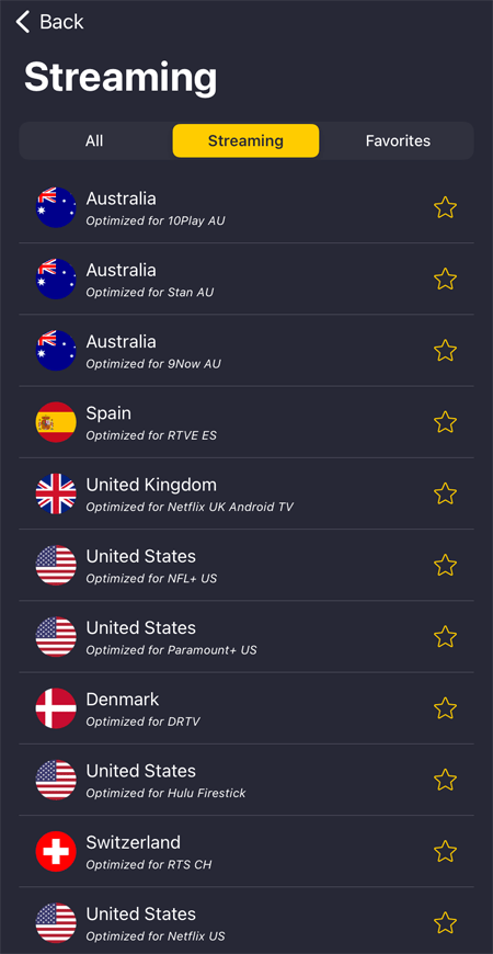 An overview of CyberGhost's streaming servers in the mobile app.