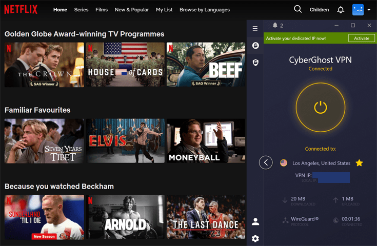 Netflix in the background with CyberGhost VPN in the foreground.