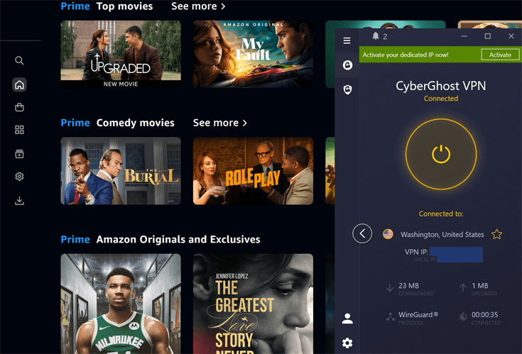 Prime Video in the background with CyberGhost in the foreground.