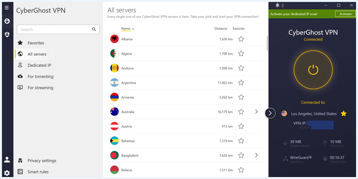 An overview of CyberGhost's servers.