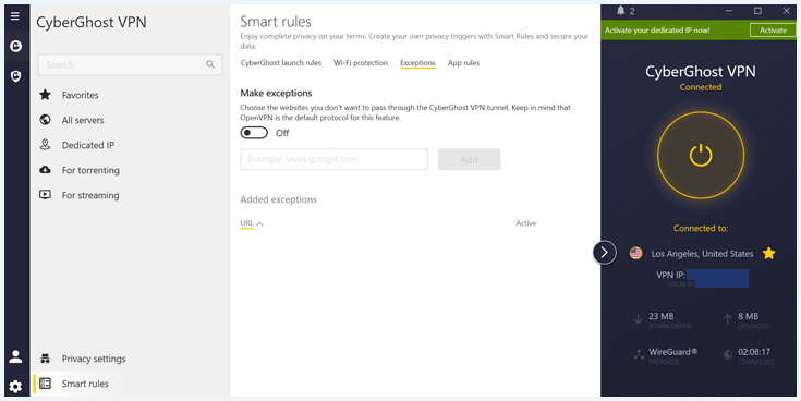 A screenshot of CyberGhost's split tunneling feature under Smart Rules.