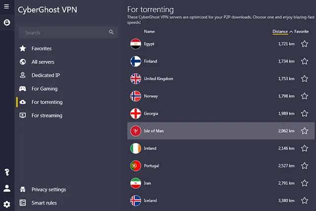 Screenshot of CyberGhost, torrenting servers