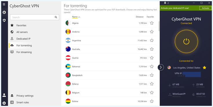An overview of CyberGhost's torrenting servers.
