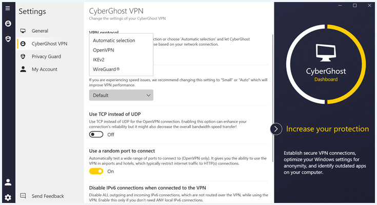 An overview of CyberGhost's different VPN protocols.