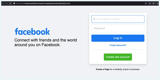 Capture d'écran de Facebook sur le dark avec son lien onion