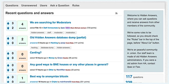 Page d'accueil du site du dark web Hidden Answers