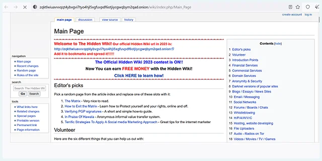 Page d'accueil du navigateur Tor