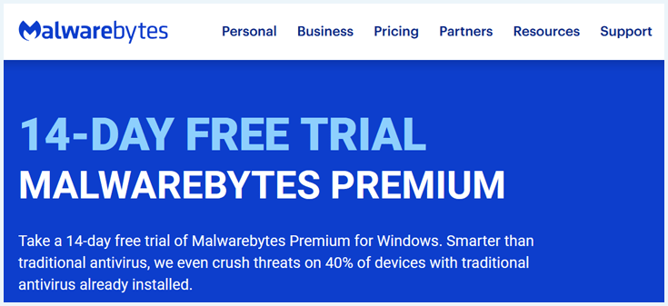 A screenshot of the Malwarebytes 14-day free trial for Windows.