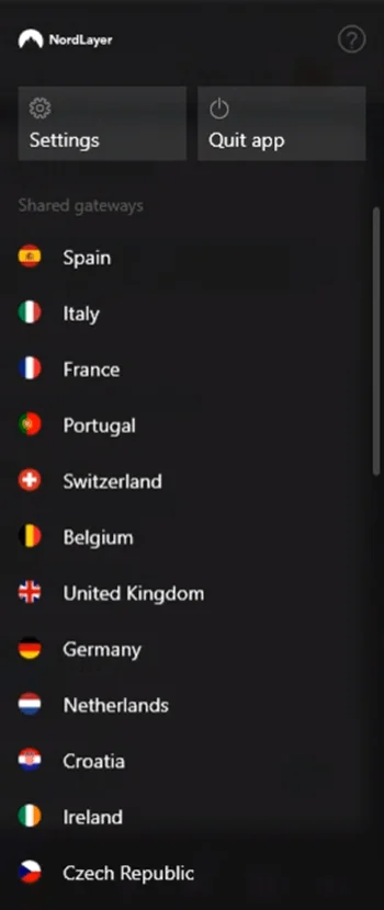 Screenshot of NordVPN, Nordlayer servers