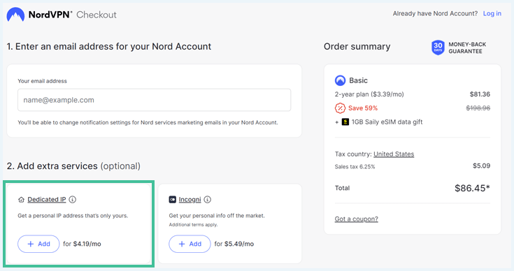 A screenshot with NordVPN's dedicated IP add-on outlined.