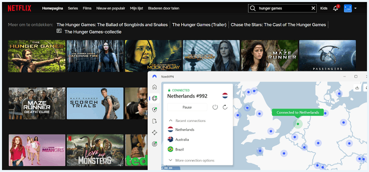 View of Netflix search for Hunger Games movies with the NordVPN app in front of it, connected to a Dutch server