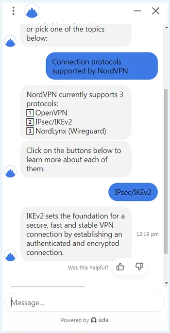 Screenshot of NordVPN, Chatbox