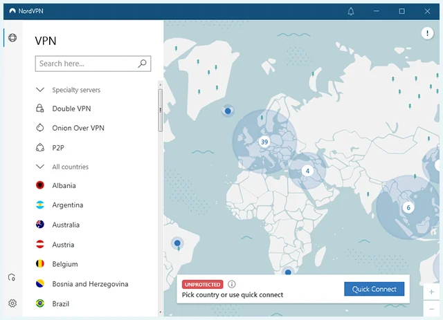 Screenshot of NordVPN, Client disconnected