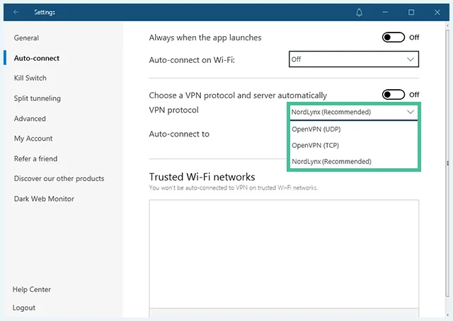 Screenshot of NordVPN, protocols