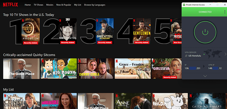 Screenshot of the Netflix website with the PIA window, showing that PIA can unblock Netflix US