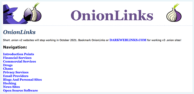Screenshot der OnionLinks Homepage