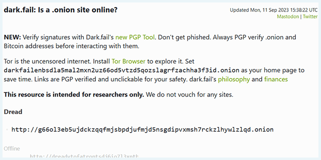 Dark.Fail Dark Web Seite Startseite