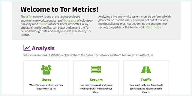 Capture d'écran du site Tor Metrics et de son lien onion